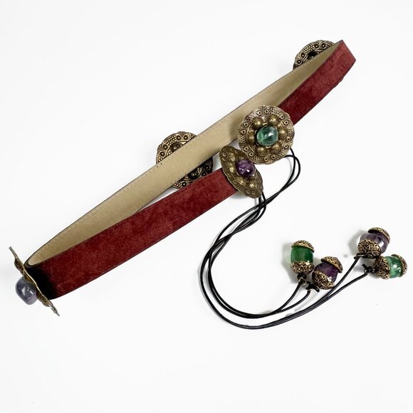 Burgundy Suede Leather Belt w/ Tassel Tie Closure with Polished Stones on Gold main image 4